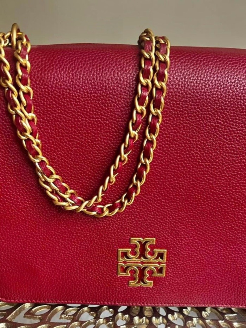 Tory Burch Red Leather Chain-Trim Shoulder Bag with Gold Logo